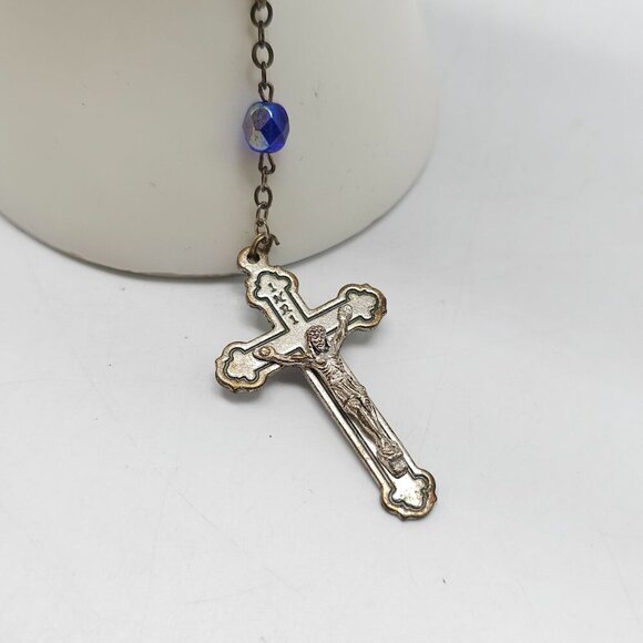 Vintage Rosary Automobile Saint Christopher Medal Crucifix Blue Crystal Beads - Picture 3 of 6
